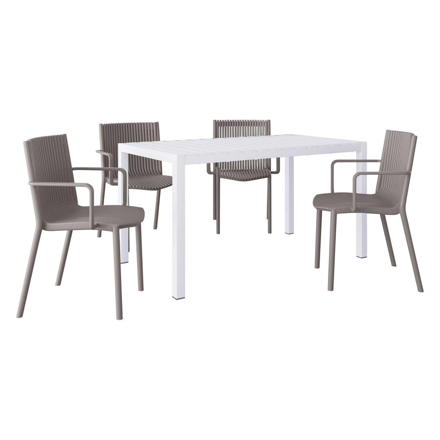 Holiday - 4pcs Warm Grey Stackable PP Armchair For Indoor Outdoor Use  Ergonomic Slatted Back With 55 Inch White Modern Long Table - Indoor Outdoor- Lightweight PP Tabletop With Metal