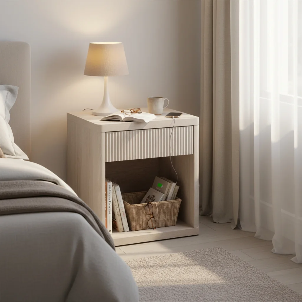 Bedside Cabinet With Drawers And Open Shelves, Side Table With Rounded Corners