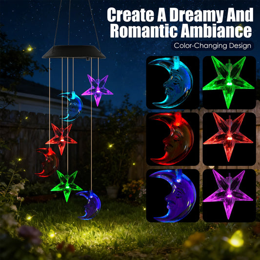 1Pcs Solar Moon And Star Wind Chime 7 Color Changing Wind Chime For Outside IPX4 Waterproof Outdoor Garden Yard Decor