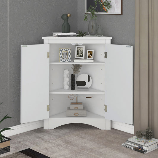 White Triangle Bathroom Storage Cabinet With Adjustable Shelves, Freestanding Floor Cabinet For Home Kitchen