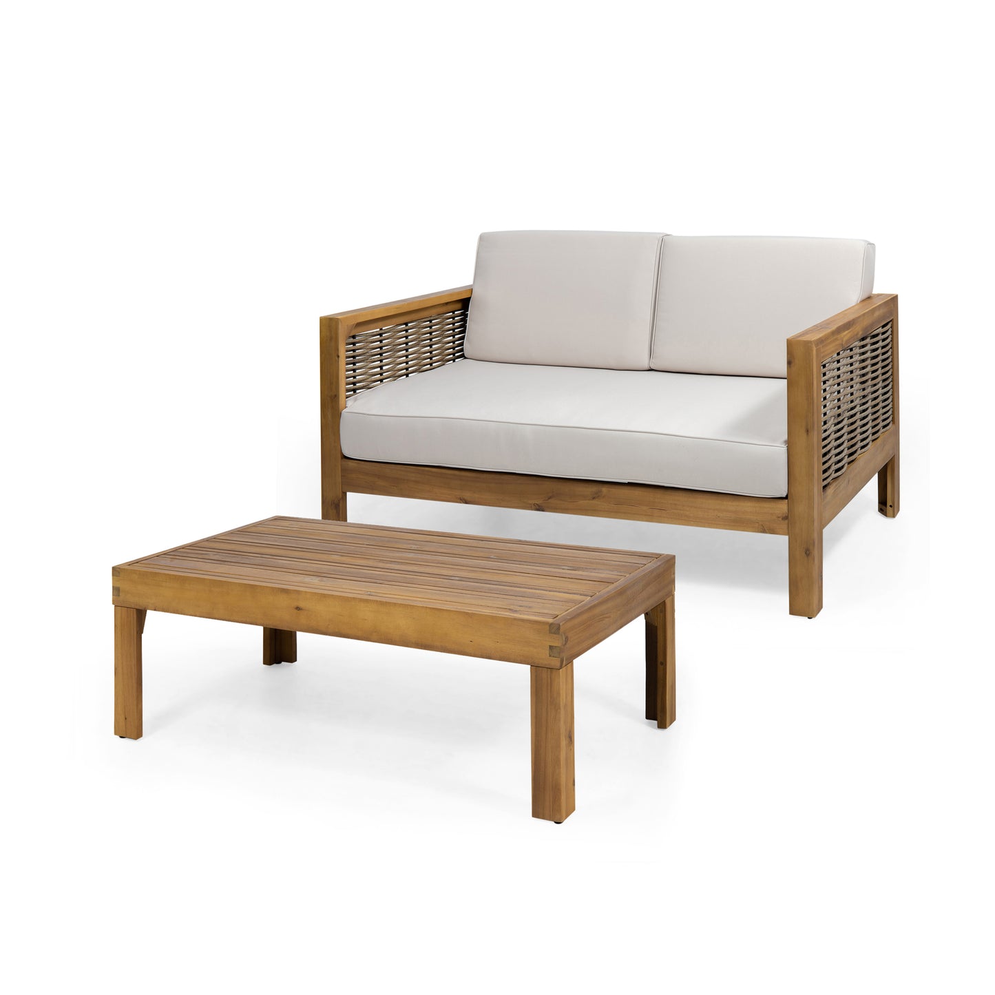 Outdoor Acacia Wood And Wicker Loveseat And Coffee Table Set With Cushions, Teak   Beige