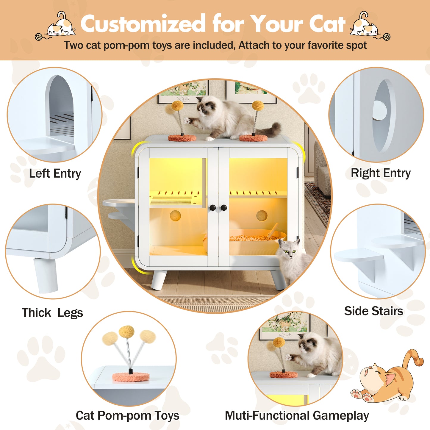 Cat Hidden Litter Box Enclosure With RGB LED Light, Cat House With Stairs And Cat Pom-pom Toys For Fun, Cat Washroom Cabinet With Litter Leak Walkway And Glass Doors For Better View,White