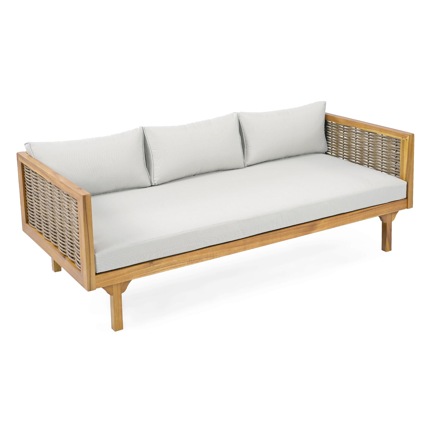 CLAREMONT 3 SEATER DAYBED WITH RATTAN ARMS  LIGHT GREY CUSHION