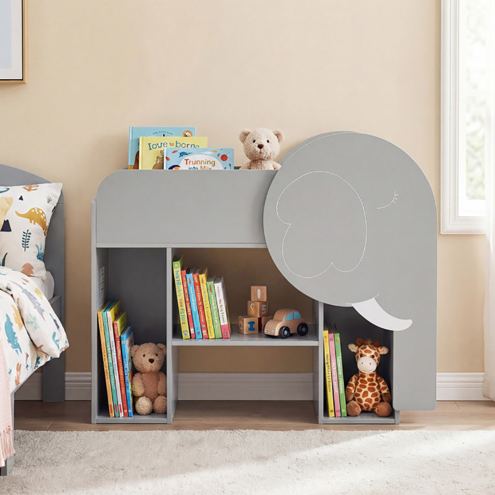 Montessori Bookshelf With Elephant Shape 3-Tier Toddler Toy Storage Organizer  With 3-row Abacus Toy And Chalkboard