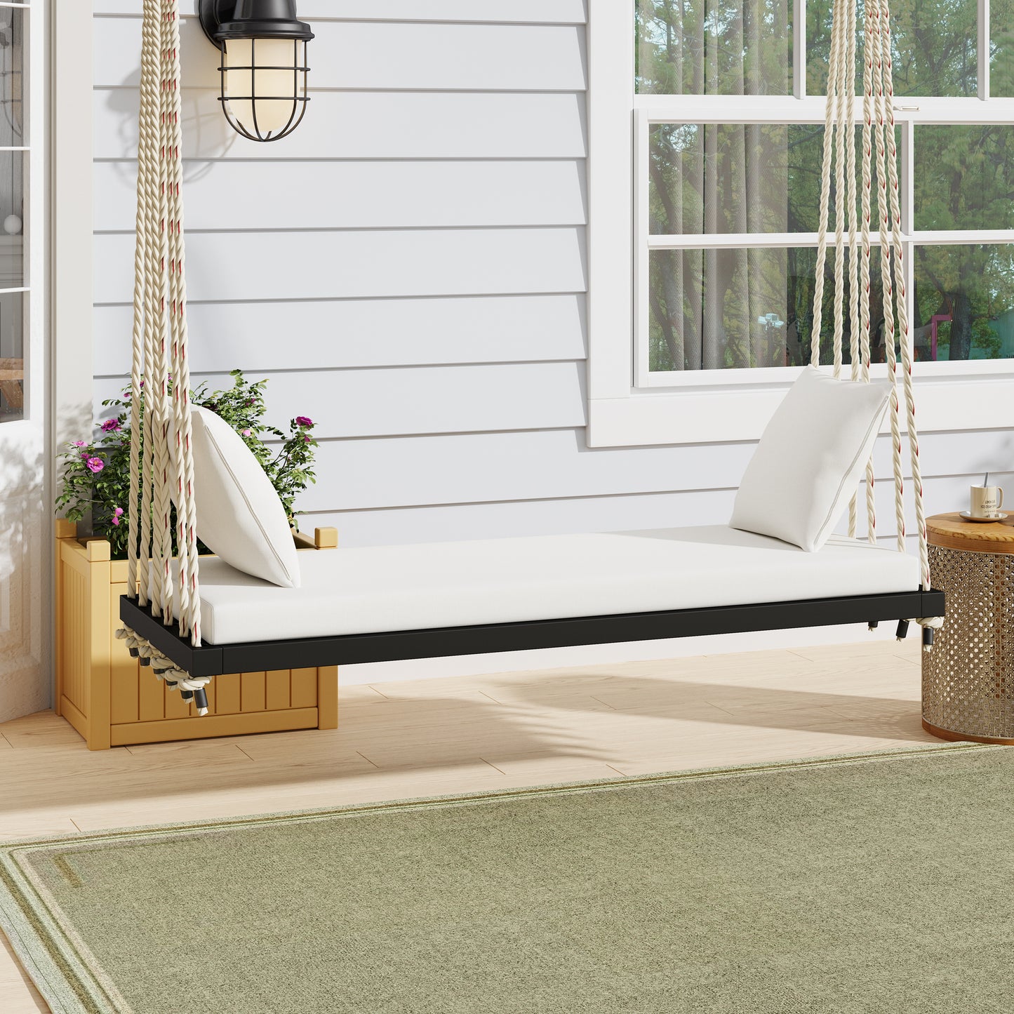 TOPMAx Patio Wooden Swing Chair  Hanging Porch Swing Bench With Cushion&Pillows  10.8Ft Hemp Ropes For Garden  Lawn Black