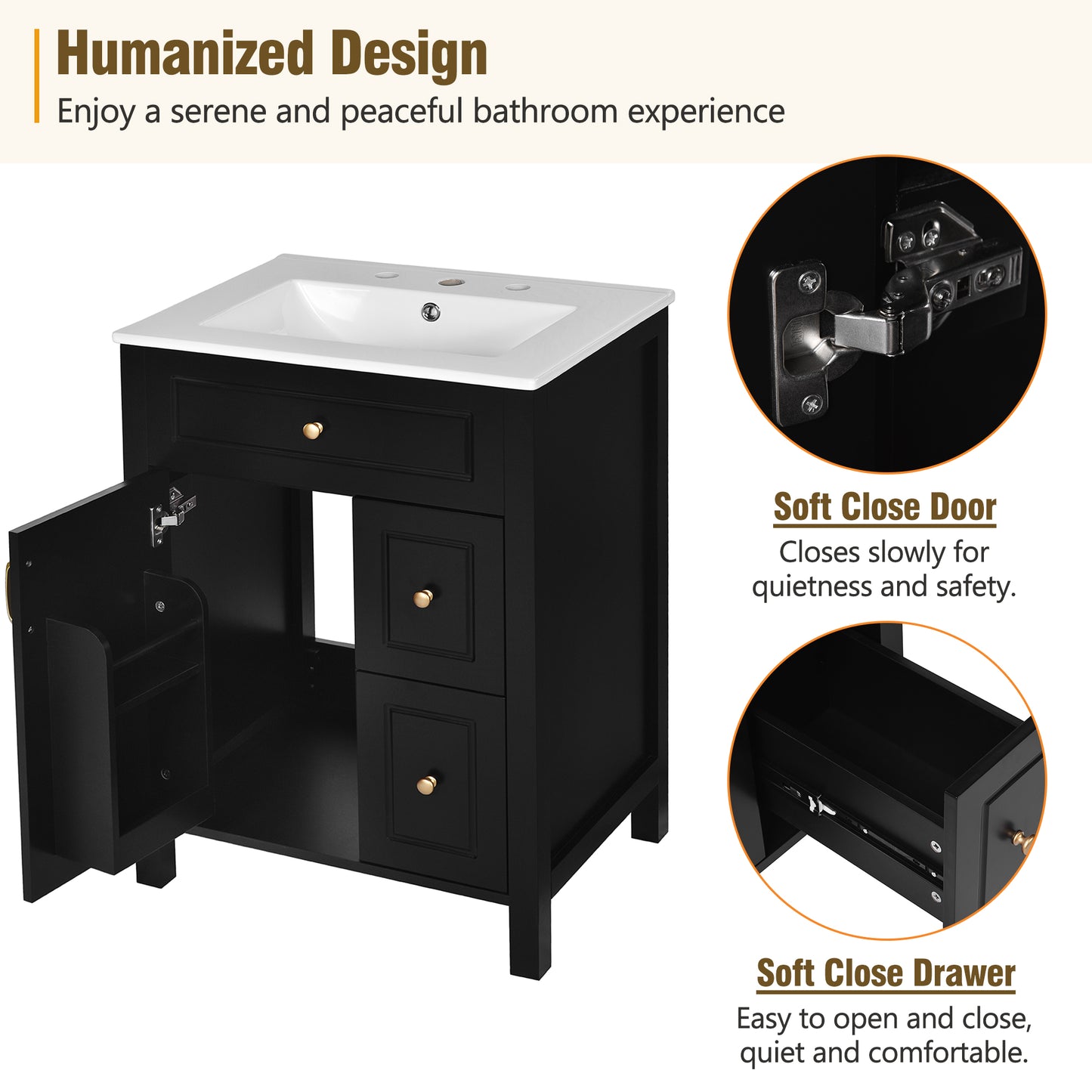 24-Inch Bathroom Vanity With Ceramic Sink, 1 Soft Close Door, 2 Soft Close Drawers, And Double Storage Racks On The Door
