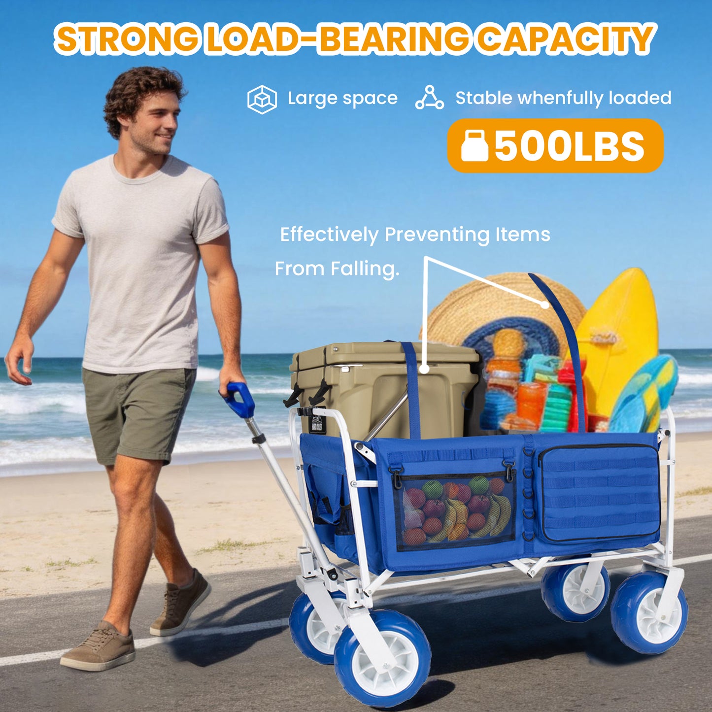 Beach Wagon Cart With Chair Racks And 9  All- Terrain Wheels  500lbs Heavy Duty Collapsible Folding Wagon  Adjustable Handle  Cooler & Storage Bags For Beach  Camping  Garden & Outdoor Sports  Blue