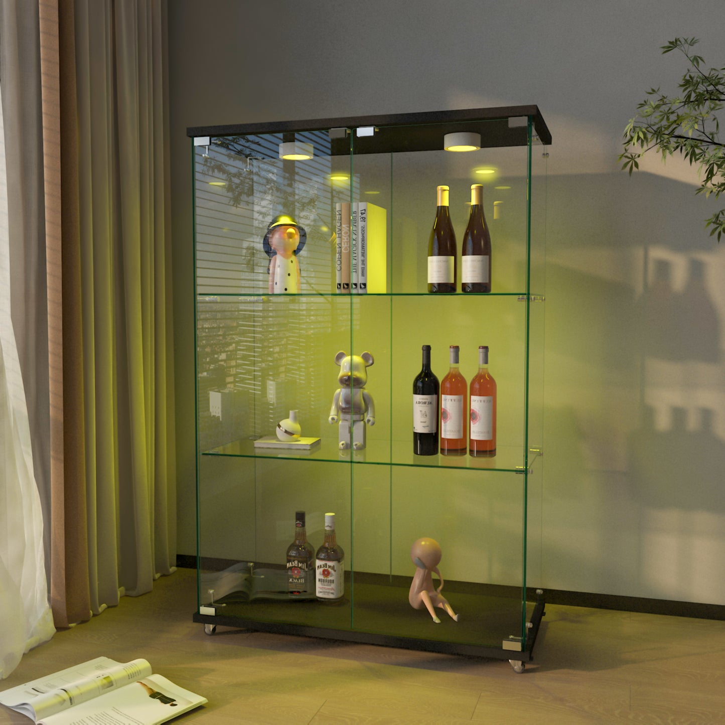 Modern Glass Display Cabinet With LED Lights, Quick-assembly Antique Cabinet, Tempered Glass Bookshelf, Suitable For Living Room And Bedrooms, 2-door 3-shelf, Transparent Black