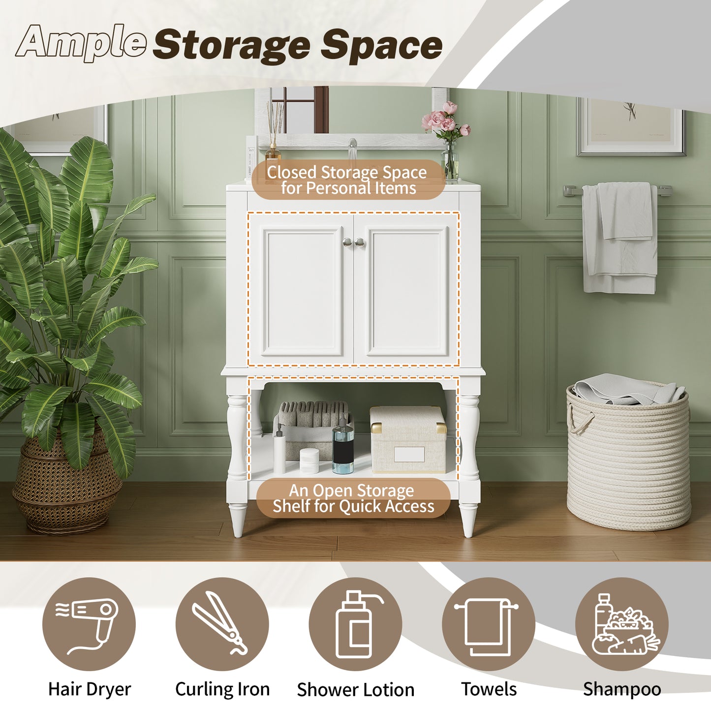 24 Inch Modern Luxury Bathroom Vanity With Ceramic Sink, Bathroom Cabinet With Open Shelf And Closed Storage