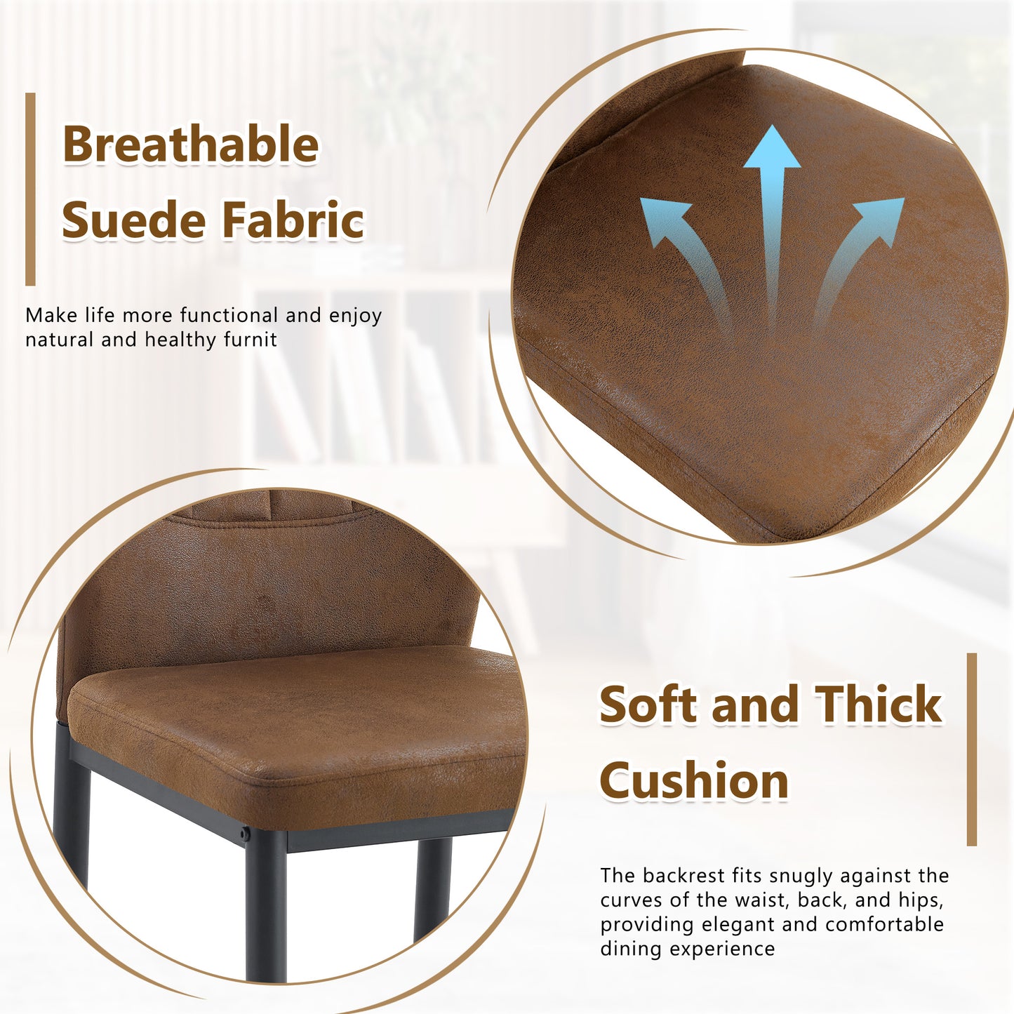 Set Of 4 Brown - And - Black Dining Chairs With Shell - Pattern, 37 Inches High Ergonomic Tech Fabric Backrest, Combines Comfort And Style