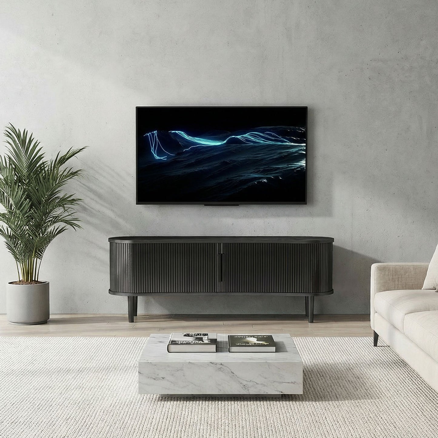 63in Fluted TV Stand Modern Media Console Table Entertainment Center With Sliding Door And Solid Wood Legs For Living Room Bedroom Office Black