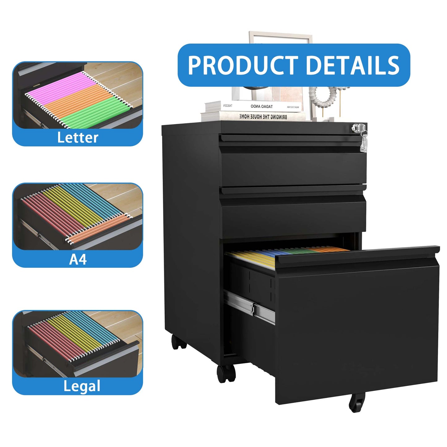 3 Drawer Mobile File Cabinet With Lock,Metal Filing Cabinets For Home Office Organizer Letters Legal A4,Fully Assembled Except Wheels ,Black