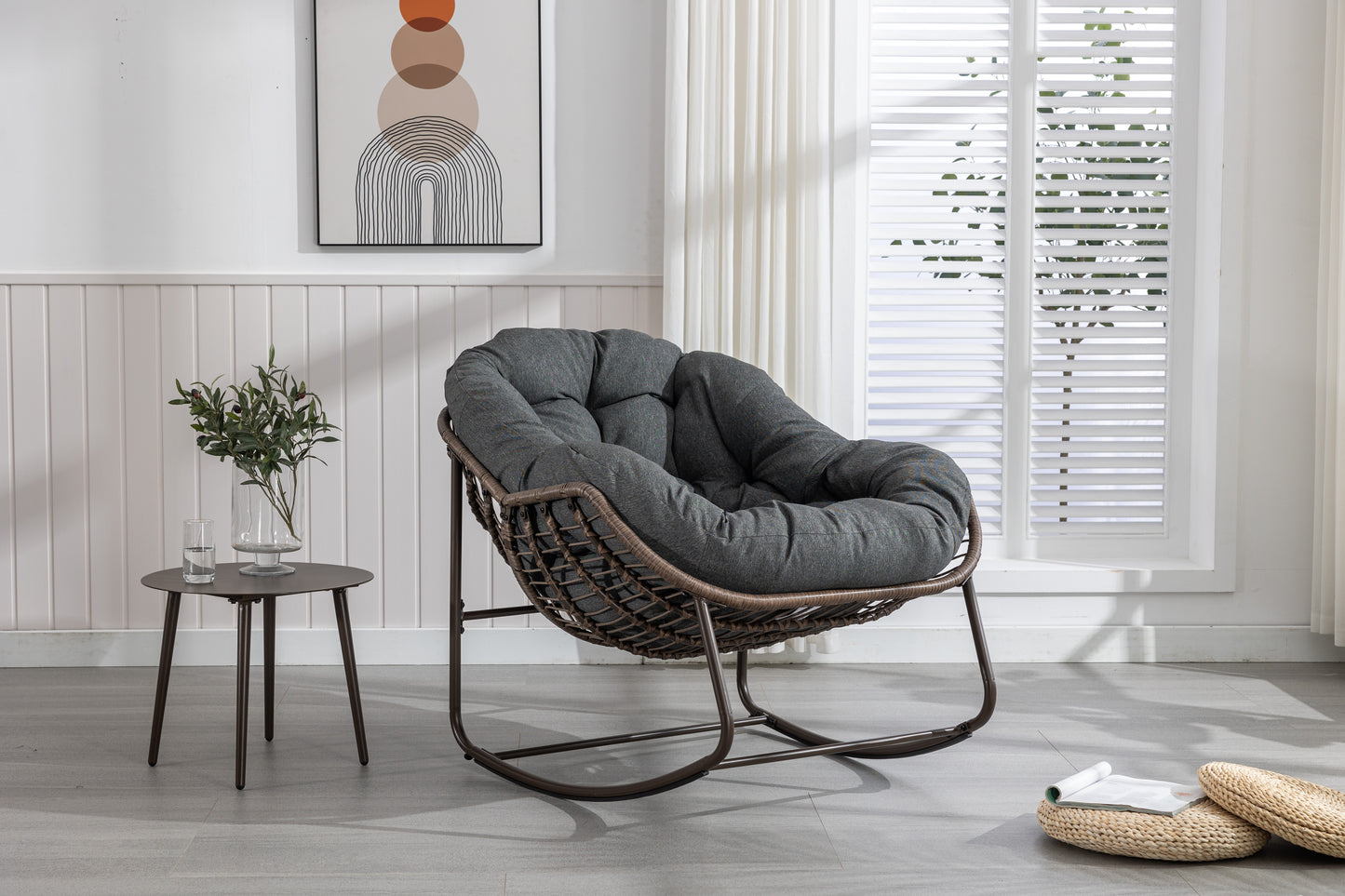 Outdoor Rattan Rocking Chair,Padded Cushion Rocker Recliner Chair Outdoor For Front Porch, Living Room, Patio, Garden, Grey
