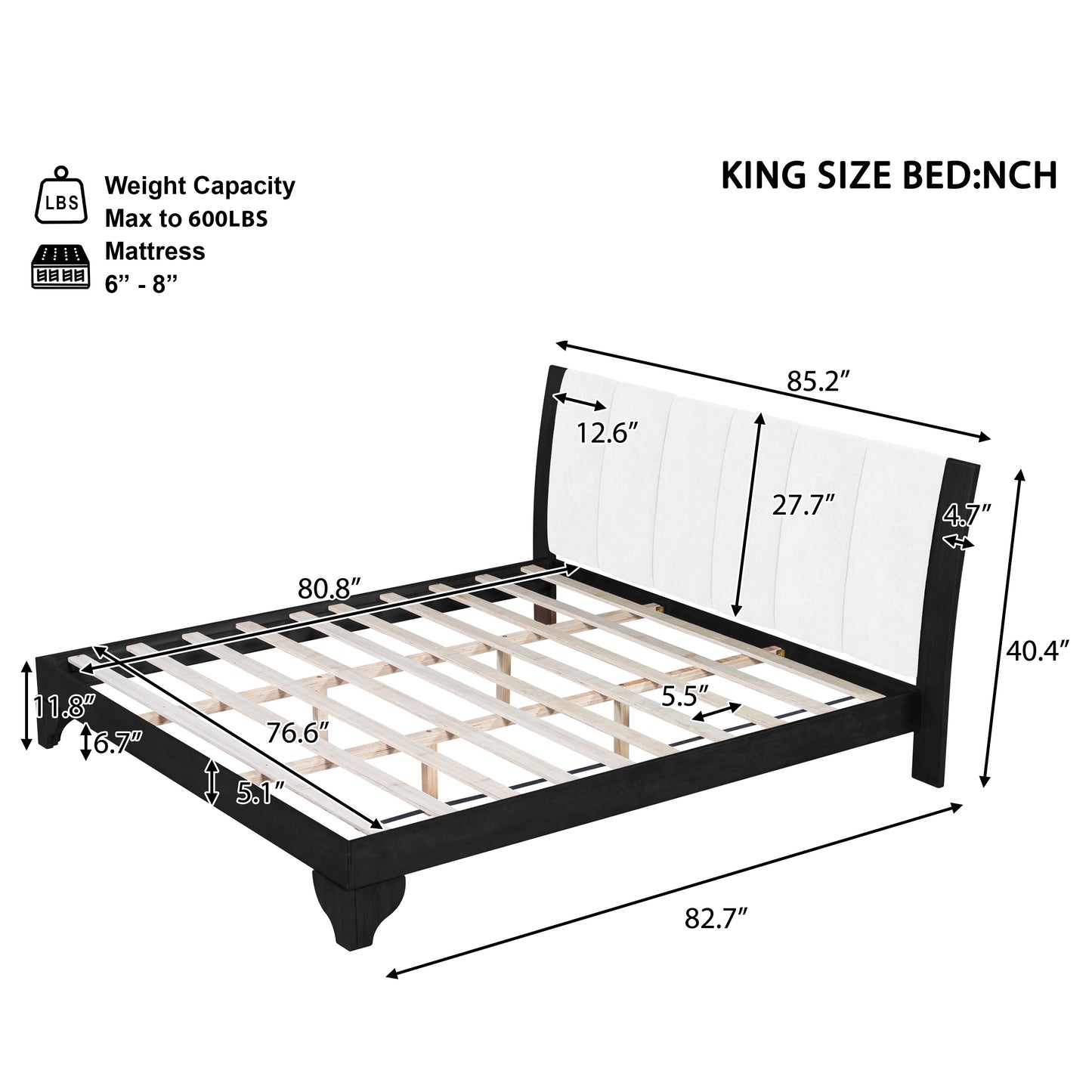 King Size Bed Frame Black White Pine Manufactured Wood 82.7x 85.2 6-8 Mattress 600 Lbs No Box Spring Modern Bedroom Furniture