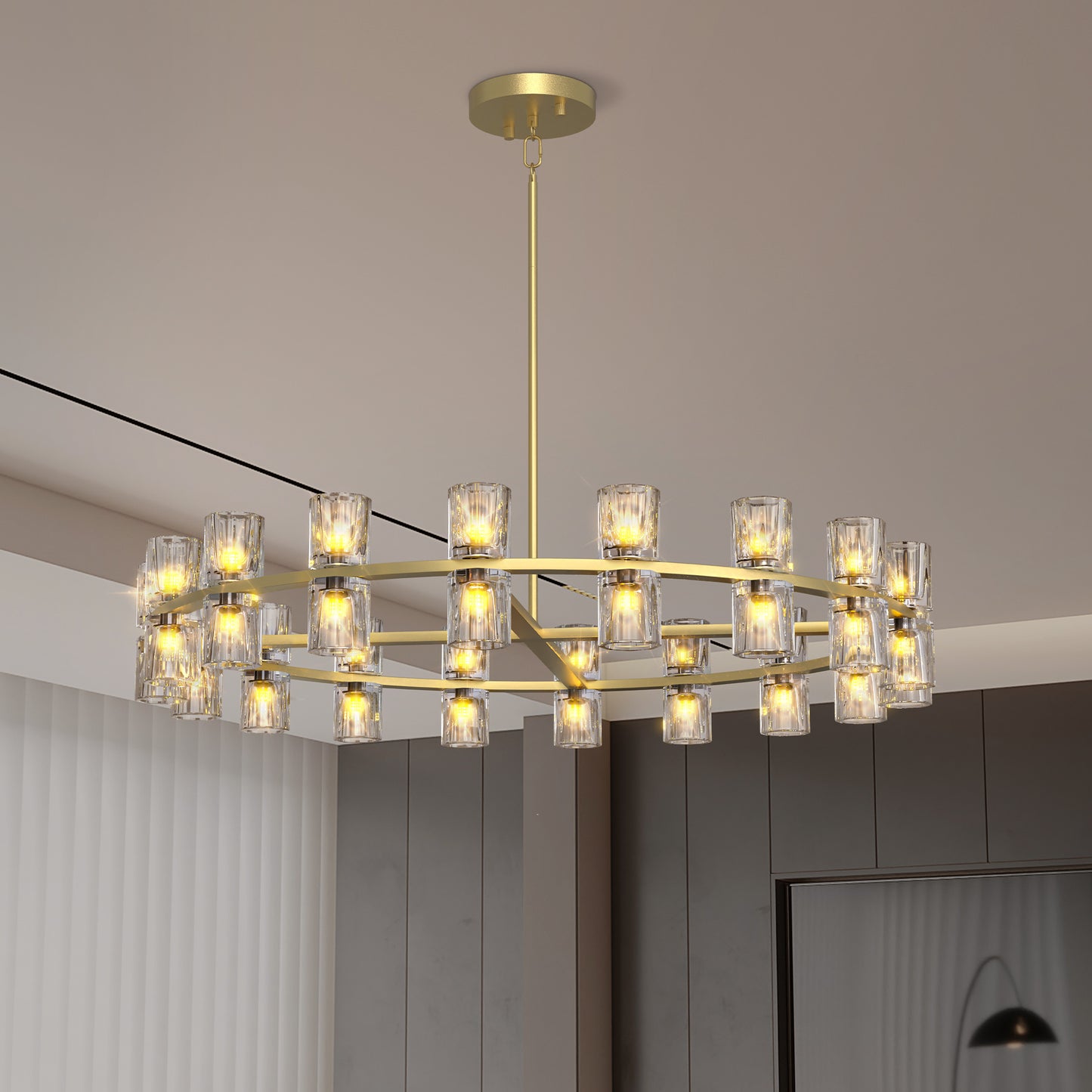 Modern 36  Gold Round Chandelier Light Fixture, K9 Crystal Chandeliers For Dining Room, Living Room, Dining Room Chandeliers Over Table, Chandelier For Bedroom, Foyer, Includes 36XG4 Bulbs
