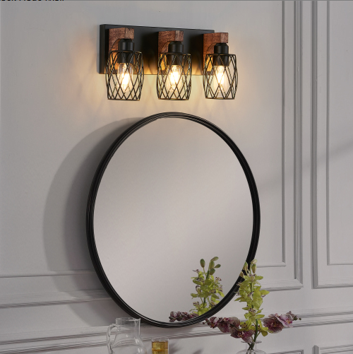 18inch Industrial Vintage 3-Light Wall Sconce - Black Cage Wall Lighting Fixture With Wooden Accents For Bathroom, Hallway, Or Living Room Bulb Not Included