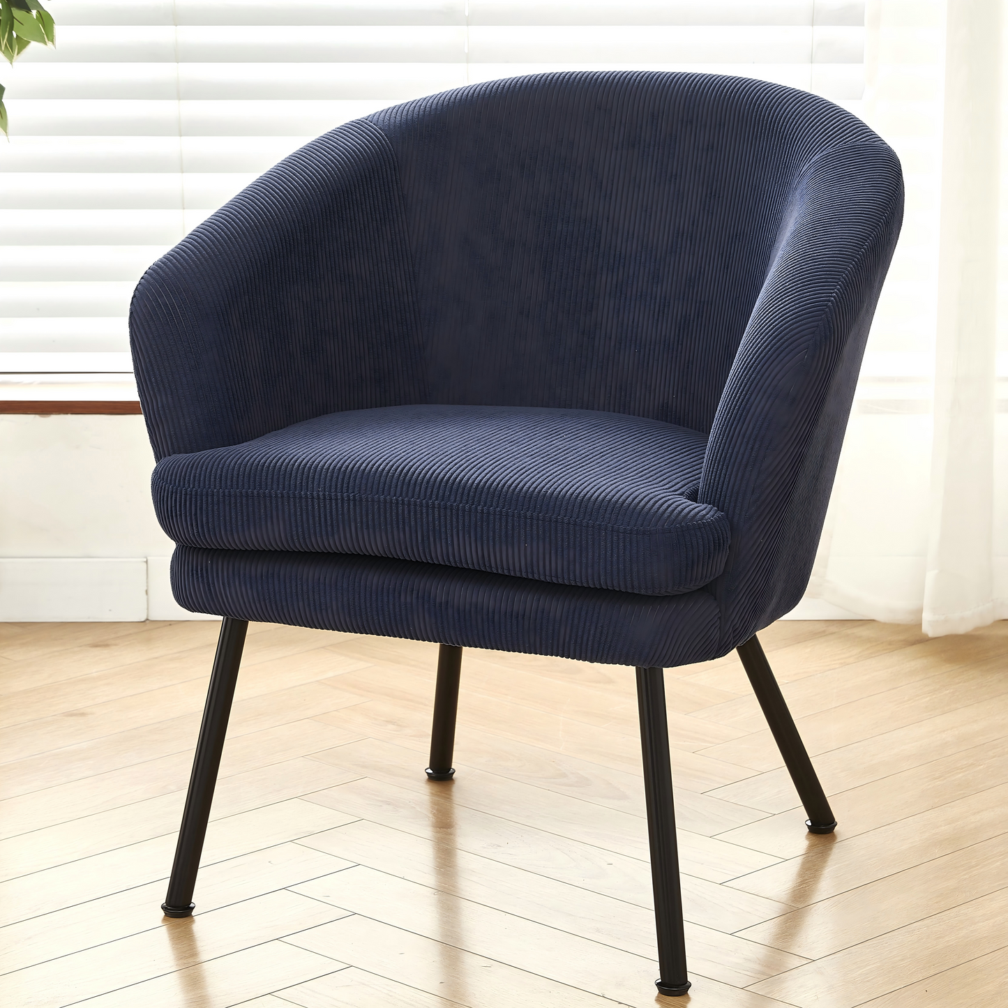 Corduroy Accent Chair With Black Metal Legs, Modern Upholstered Armchair, Comfy Barrel Chair For Living Room Bedroom
