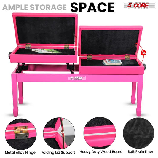 5 Core Duet Piano Bench 3.5 Inch Padded Cushioned Stool Wooden Heavy Duty Musician Chair Height Adjustable Double Keyboard Seat W Storage Nonslip Cherry - PNB DT CHERRY
