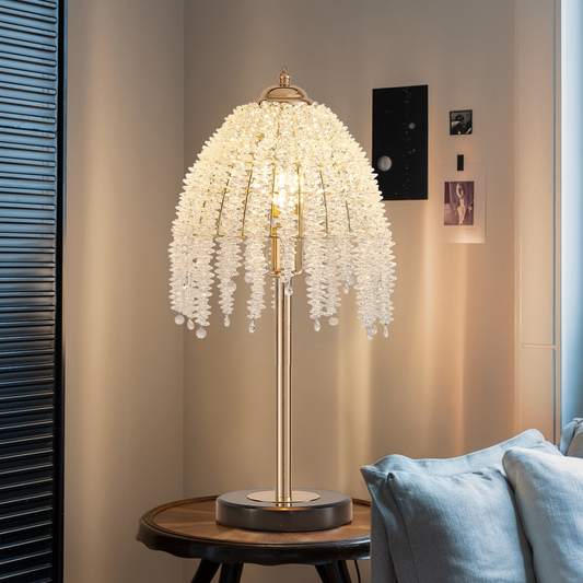 19inch H Elegant Crystal Table Lamp Vintage Waterfall Design With Crystal Bead String Shades And Marble Textured Base For Living Room, Bedroom, Or Office Bulb Not Included