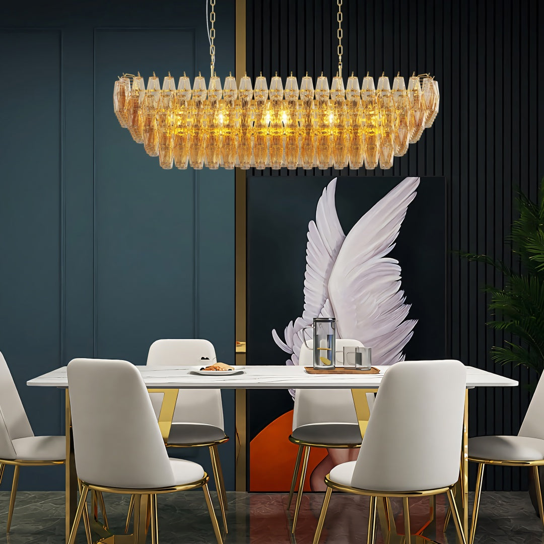 Modern Chandeliers For Dining Room, 54  Large Rectangle Gold Kitchen Chandelier Over Table, 12-Light With Smoke Glass Ceiling Lights, Farmhouse Pendant Lighting Fixture For Living Room Bedroom
