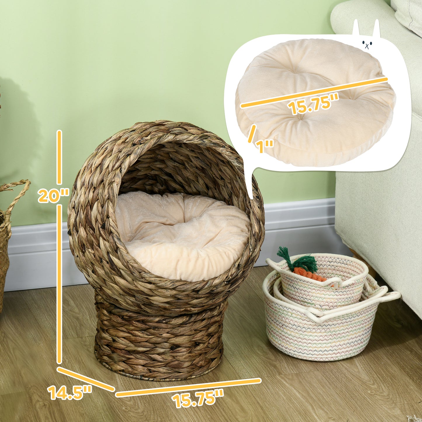 Handwoven Elevated Cat Bed With Soft Cushion & Egg Chair Shape, Basket Bed Kitty House With Stand, Raised Wicker House For Indoor Cats, 20" H, Gray