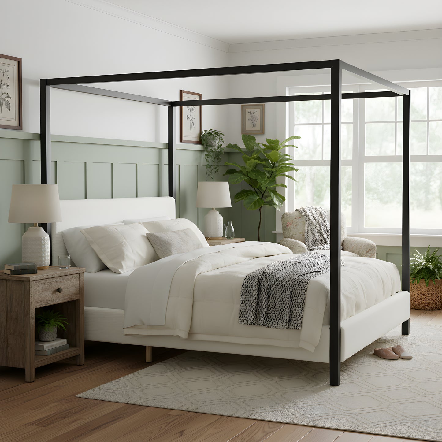 Modern Black Metal Canopy Bed With Plush White Boucle Upholstery, King
