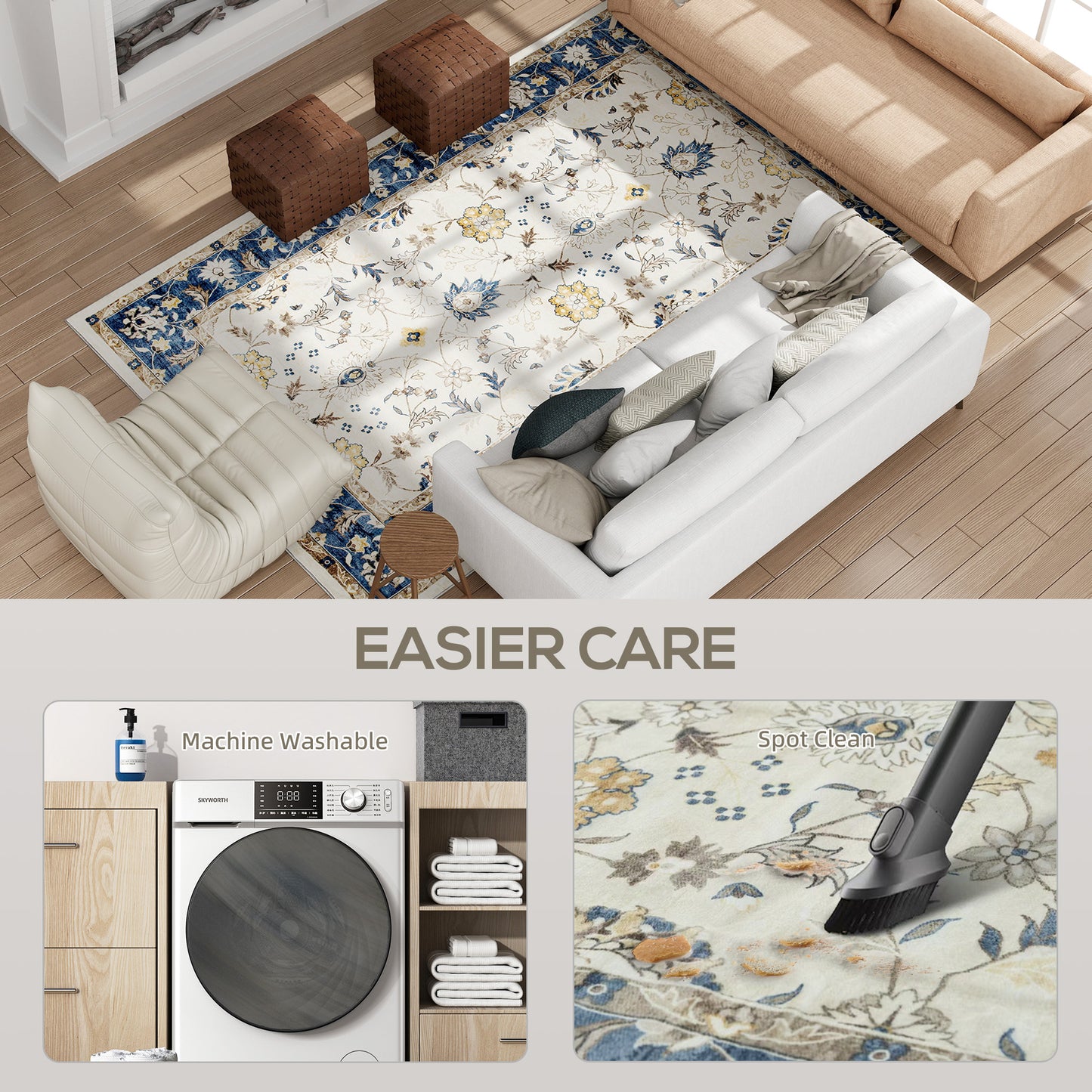 Machine Washable Area Rug 8x10, Non-Slip Boho Floral Print Floor Carpet For Living Room, Bedroom, Dining Room, Blue