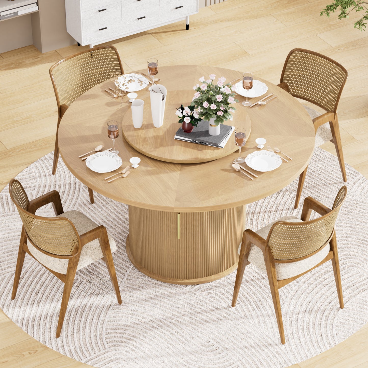 55-inch Round Dining Table For Six, Featuring A Double-tiered Storage Rack And A Rotating Tabletop Tray. Wooden Wavy-striped Sliding Doors. Ideal For Home Dining Room Living Room  Natural.