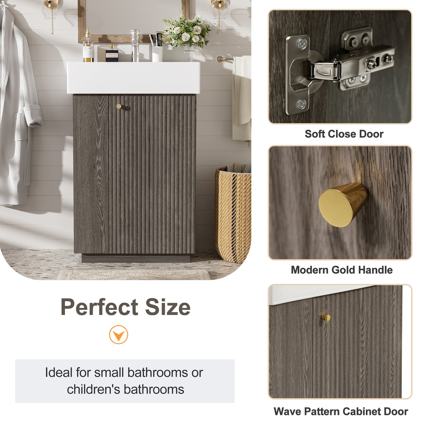 21.6 Bathroom Vanity With Ceramic Sink, Freestanding Modern Right Door Wood Grain Cabinet With Open And Closed Storage For Small Bathrooms