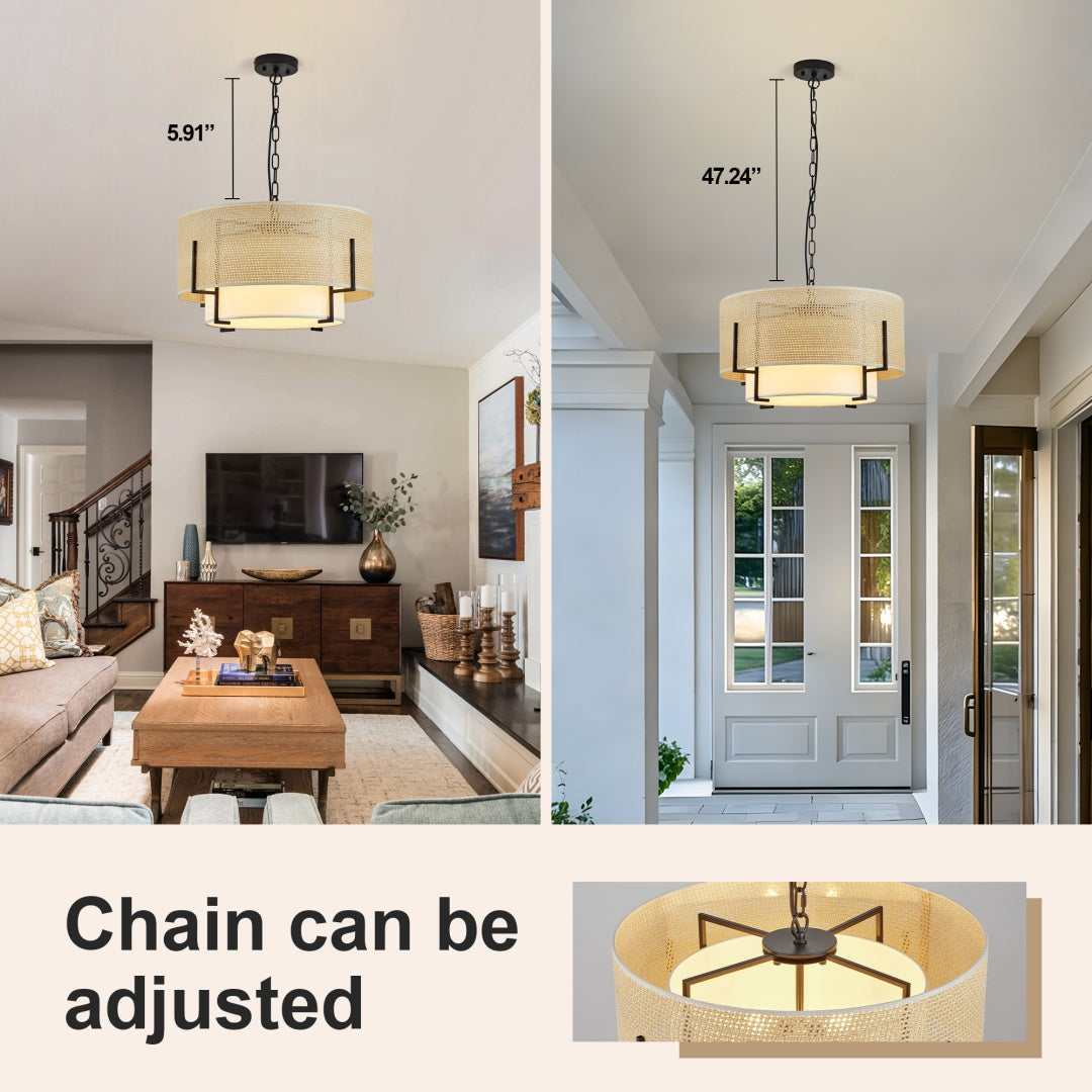 19.7in  Farmhouse Boho Chandelier,4-Light Hand Woven Rattan Pendant Light With Fabric Shade Rustic Drum Chandelier For Dining Room Kitchen Bedroom Foyer Entryway Living Room Bulb Is Not Including