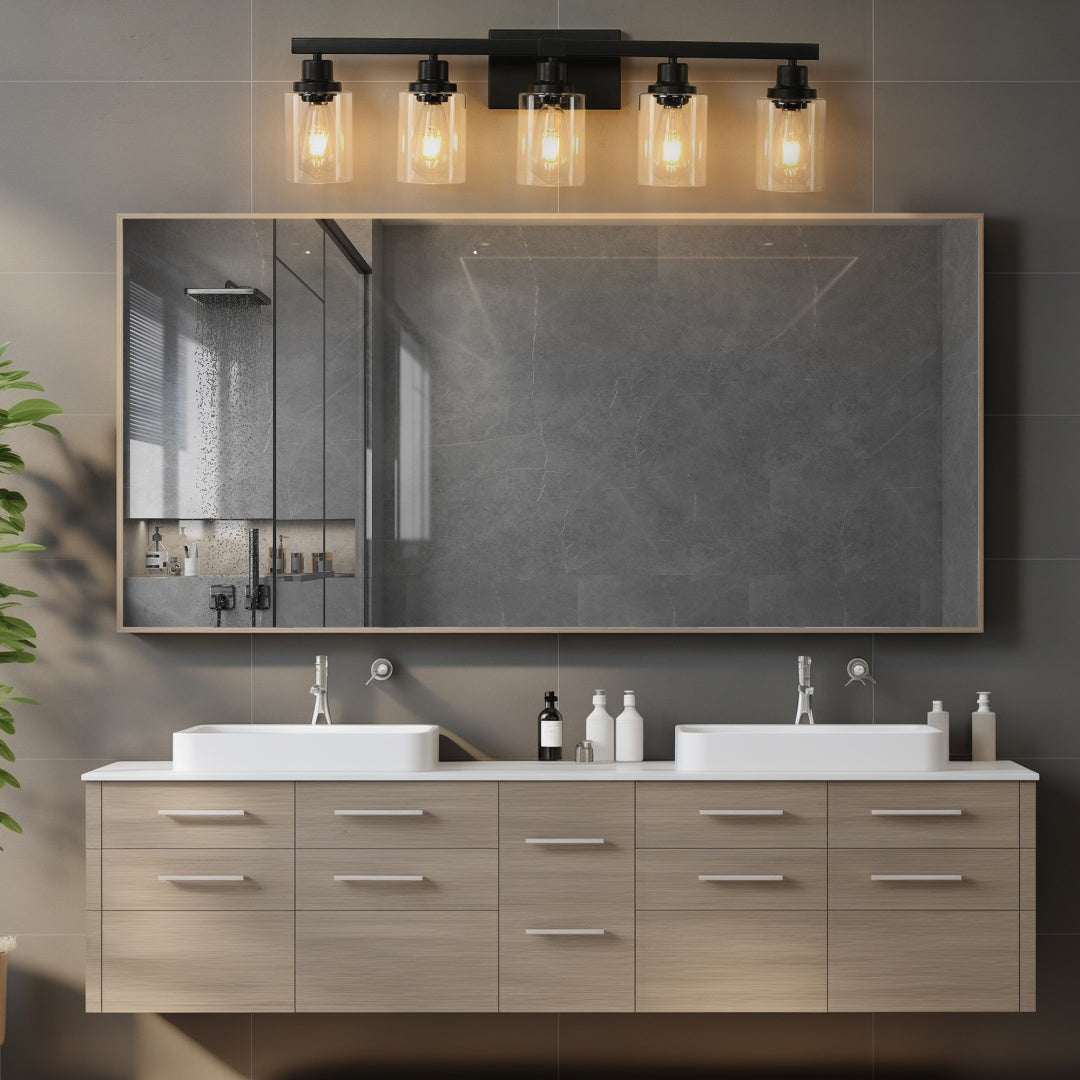 31  Modern Black 5-Light Bathroom Vanity Light Fixture, Industrial Wall Sconce With Clear Glass Shades For Mirror, Bathroom, Bedroom, And Hallway --No Bulbs