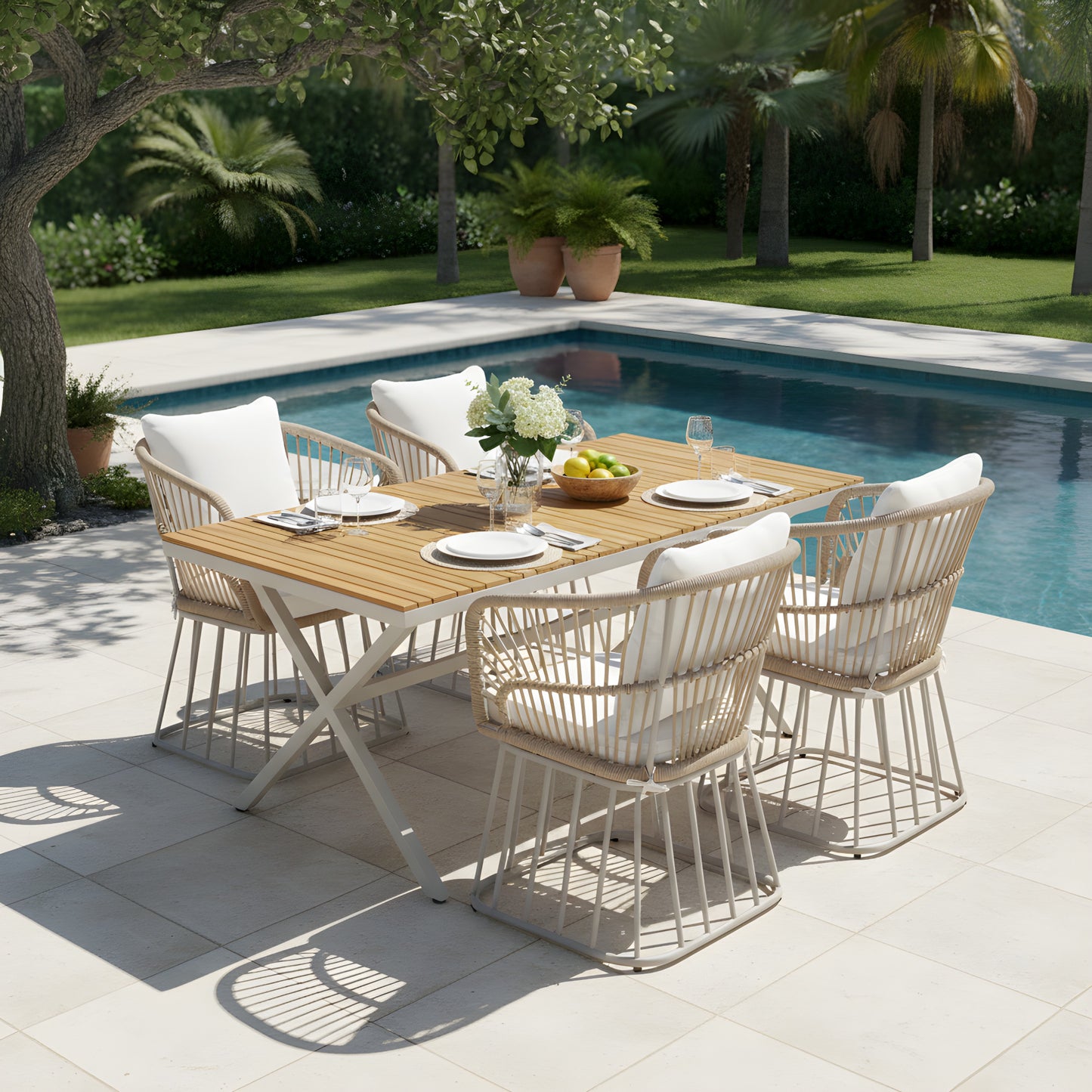 Outdoor 5-Piece Dining Set - Rectangular Teak Wood Table   4 Wicker Chairs With Cushions, Beige Steel Frame, Teak Finish,Perfect For Patio, Deck, Or Garden