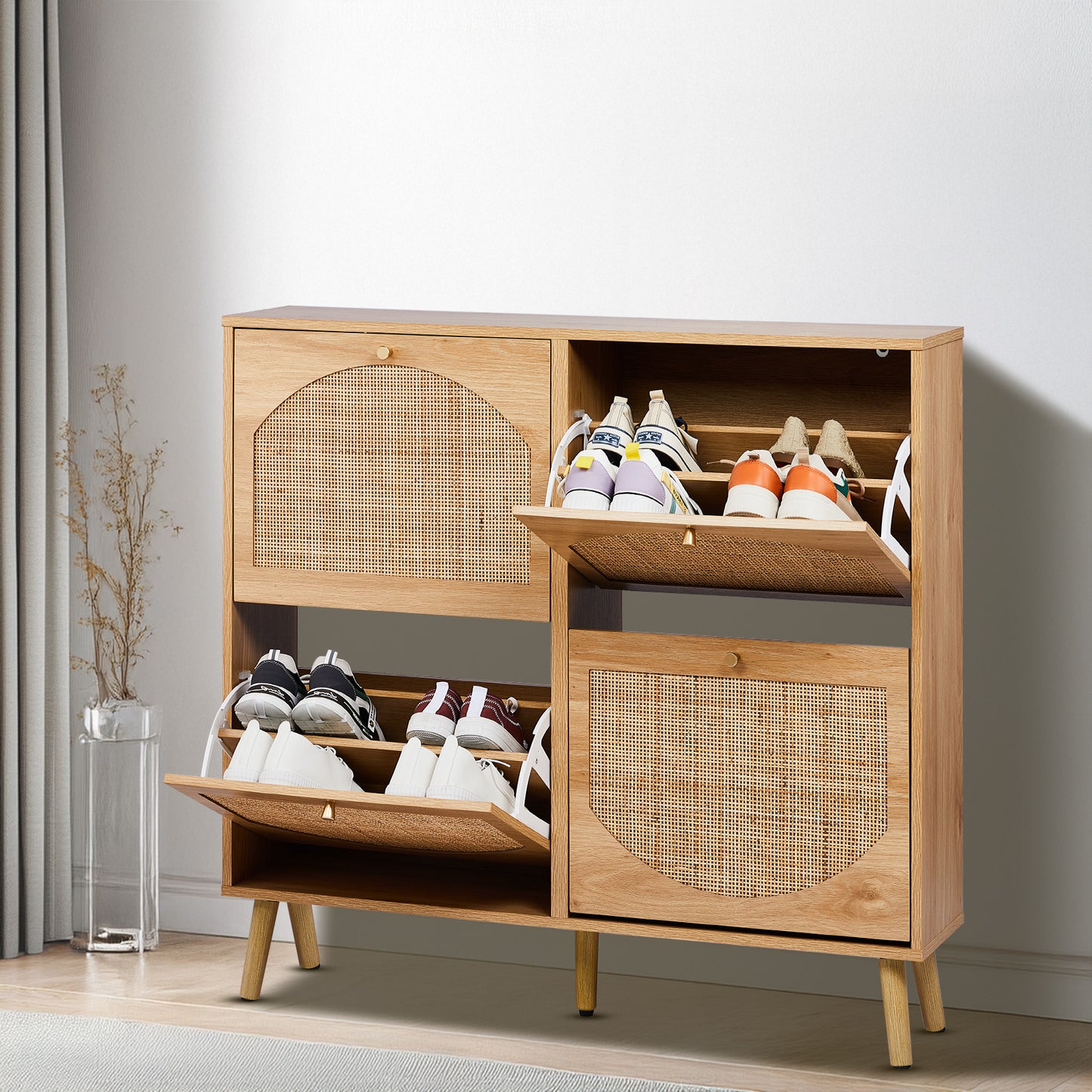 2 Rows Of 4 Dump Buckets With High Feet Arched Rattan Surface Shoe Cabinet Density Board With Triamine 105X24X98cm Original Wood Color