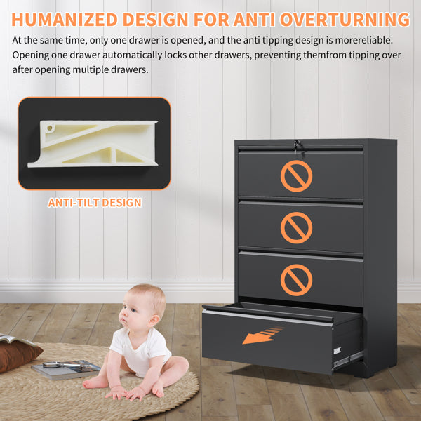 4 Drawer Lateral File Cabinet With Lock Tall Heavy-Duty Metal Filing Cabinet For Home Office, Space-Saving Wide Storage For Letter Legal A4 F4, Quiet Full-Extension Slides