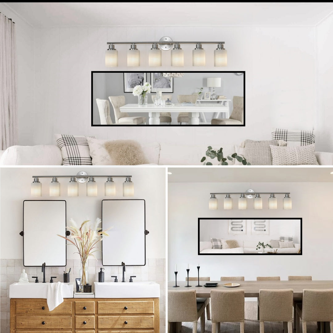 39  Modern 6-Light Vanity Wall Sconce, Brushed Nickel Finish With Frosted Glass Shades For Bathroom Or Hallway Lighting  No Bulbs