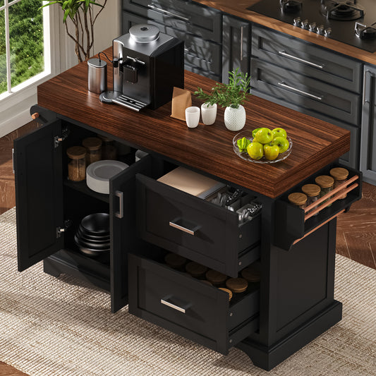 K&K 53  Large Kitchen Island With 3.5  Thick Desktop, Spice And Towel Racks, Rolling Kitchen Island With Storage On 5 Wheels, 2 Extra Large Drawers, For Home, Kitchen, Dining Room, Black
