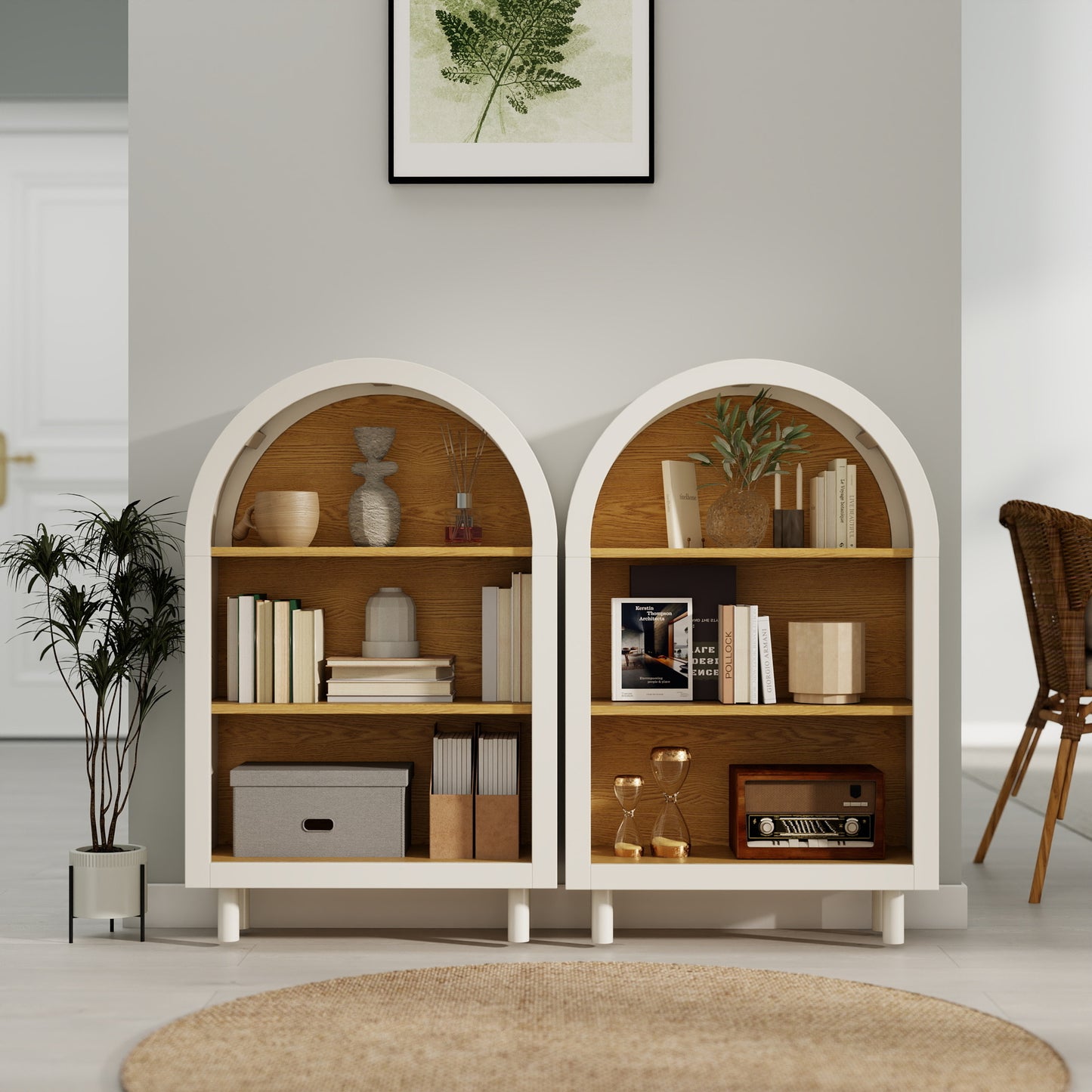 Arched Small Bookcase Set Of 2 ,Arched Storage Cabinet,Wooden Modern Arched Top Bookshelf With 3 Shelves,White With Woodgrain Shelves, 3-Tier Storage Shelf For Living Room, Bedroom, Entryway
