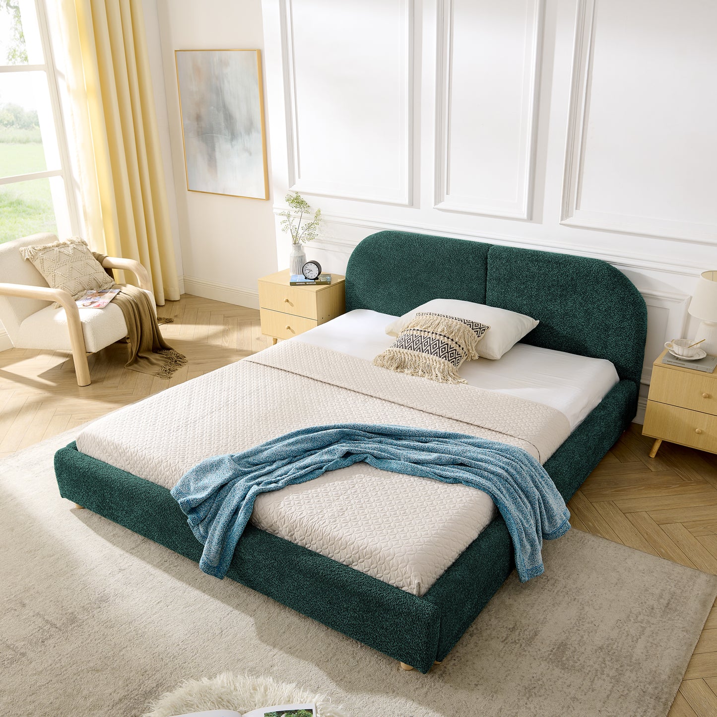 Queen Size Upholstered Bed Frame, Modern Minimalist Style With Tall Curved Headboard, Premium Circle Yarn Fabric & Sturdy Leg Support, Mattress Not Included-Green