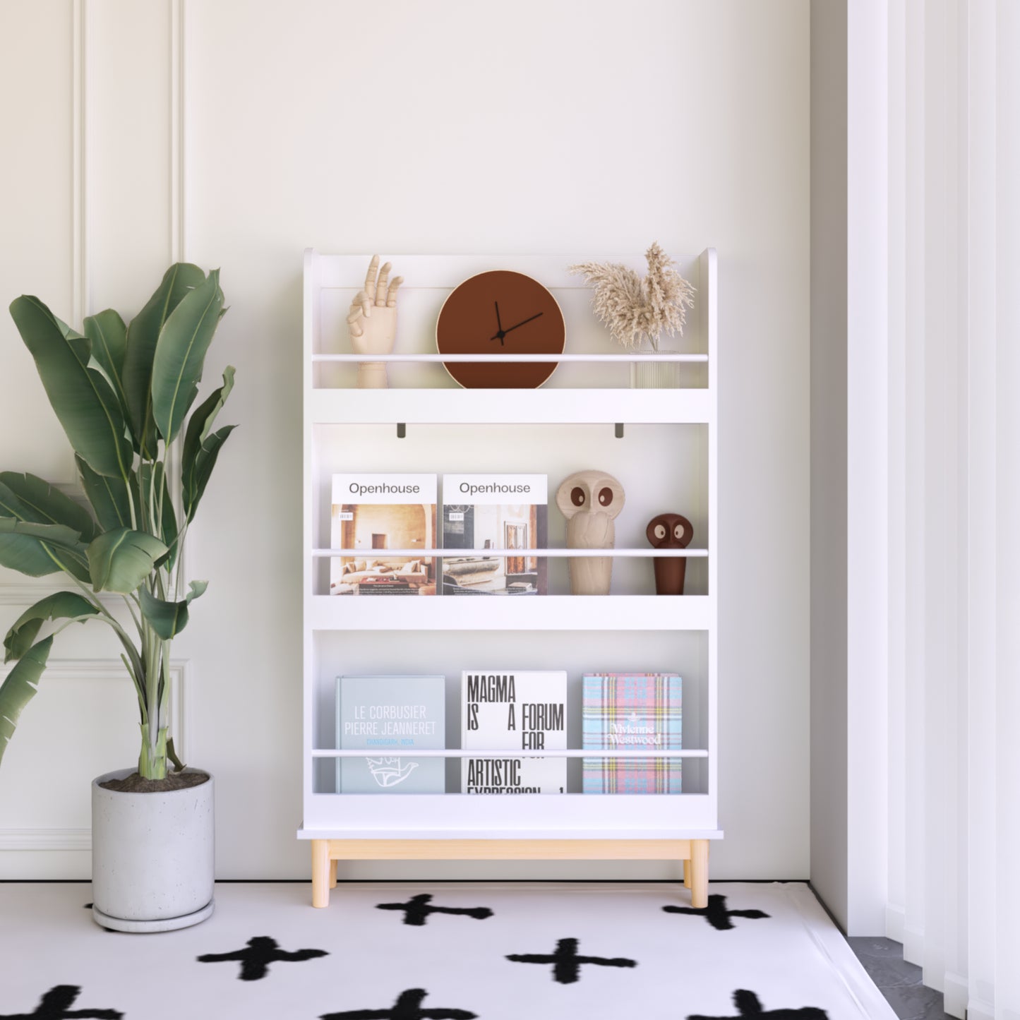Wall-Mounted Kids Bookshelf With 3 Front-Facing Display Shelves, Modern White Book Rack With Natural Wood Base For Toddler Bedroom, Nursery Or Playroom