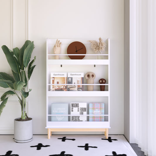 Wall-Mounted Kids Bookshelf With 3 Front-Facing Display Shelves, Modern White Book Rack With Natural Wood Base For Toddler Bedroom, Nursery Or Playroom