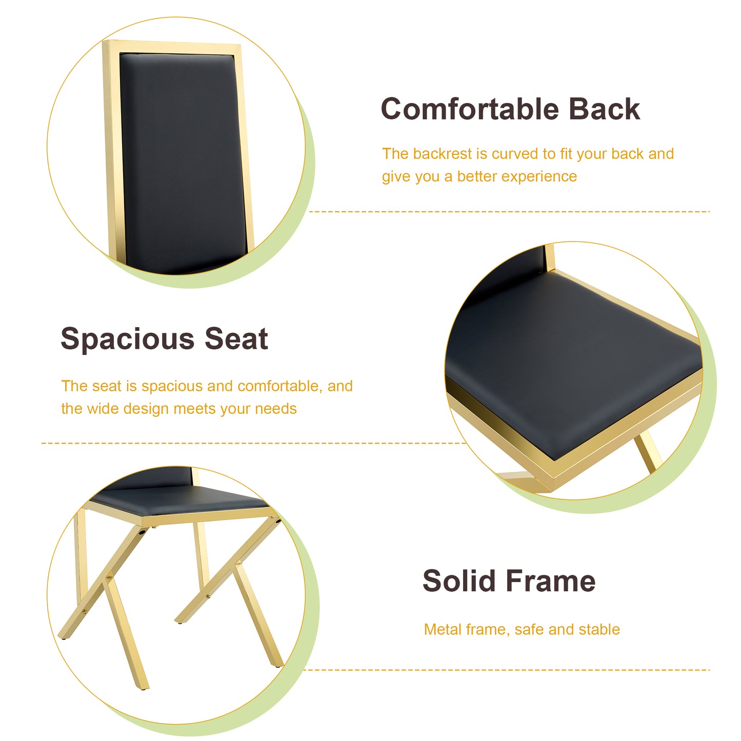 4-pack Gold Metal Framed Black PU Dining Chairs Ergonomic Design, A Simple And Luxurious Choice.Featuring Uniquely Designed Gold Metal Legs.