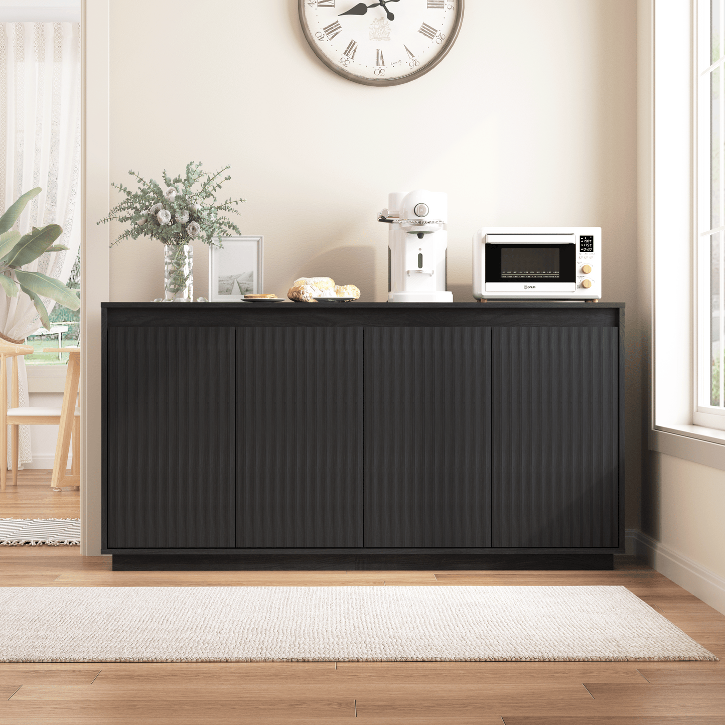4 Door Black Wood Sideboard Buffet Cabinet With Power Outlet, Wavy Vertical Texture Accent Cabinet With No-Handle Design  Door Top Edge As Handle , Freestanding Kitchen Storage Cabinet For Dining Room