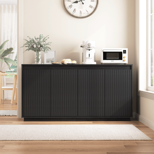 4 Door Black Wood Sideboard Buffet Cabinet With Power Outlet, Wavy Vertical Texture Accent Cabinet With No-Handle Design  Door Top Edge As Handle , Freestanding Kitchen Storage Cabinet For Dining Room