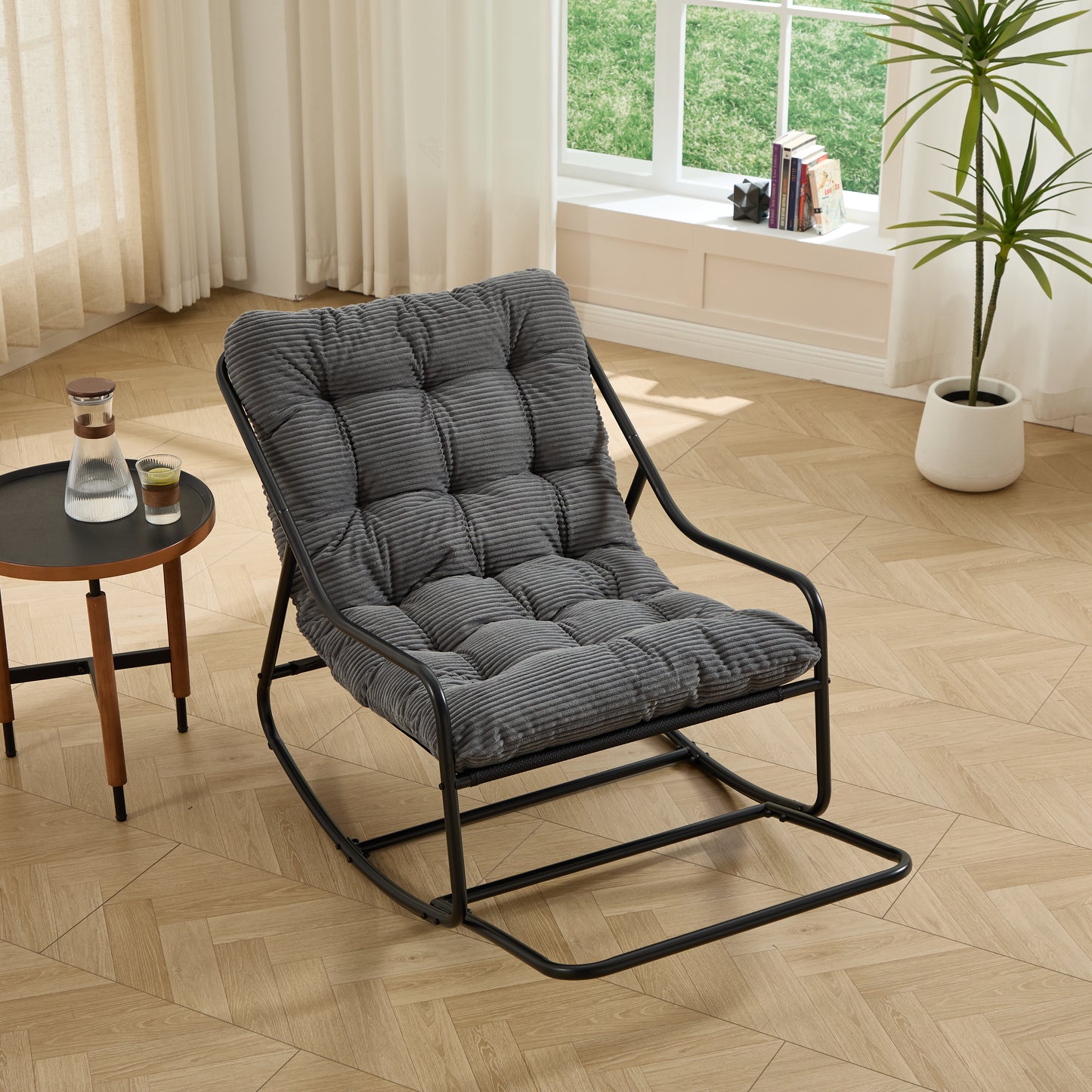 Outdoor Rocking Chair, Comfy Cushion, With Soft Thick Cushion,for Living Room, Bedroom, Reading Room, Black Frame With Grey Cushion