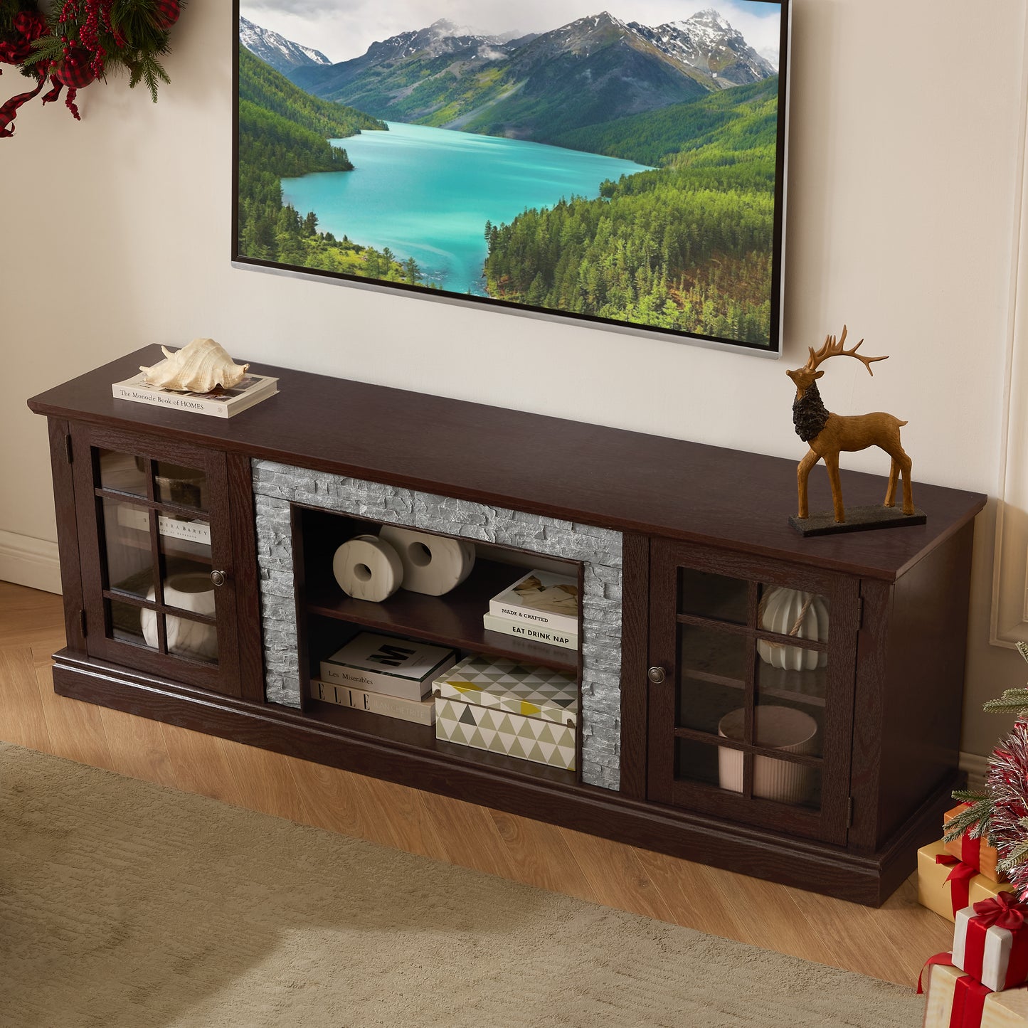 70  Modern TV Stand With 2-Door Storage, Faux Stone Media Console Cabinet, Cherry Large Entertainment Center For Living Room