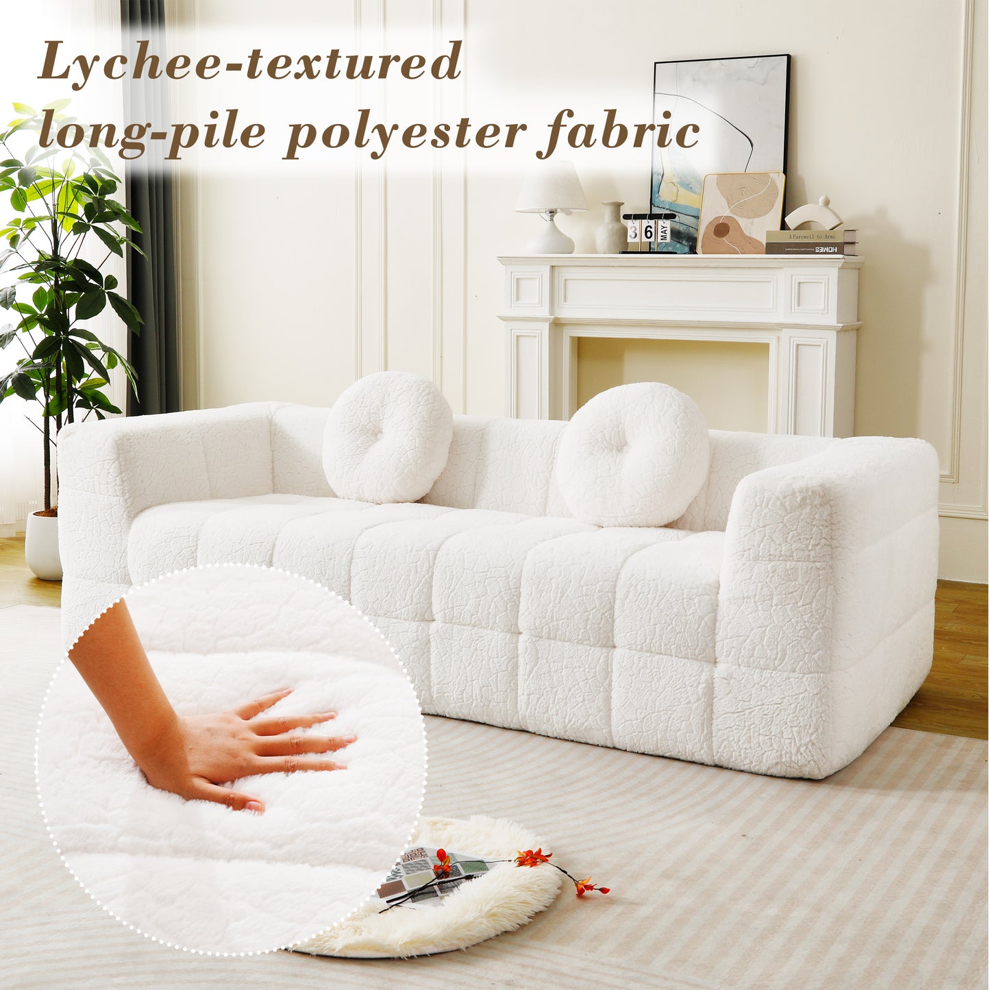 84.6-inch Modern Boneless Couch With Two Circular Throw Pillows,Skin-friendly Lychee-textured Long-pile Polyester Fabric,Checkered Fabric Design Three-Seater Foam Sofa