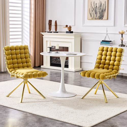 Set Of 2 Yellow Puffy Bubble Chair Ball Chain Chair Velvet Dining Chairs With Gold Legs, Modern Tufted Accent Chairs For Dining Room & Kitchen