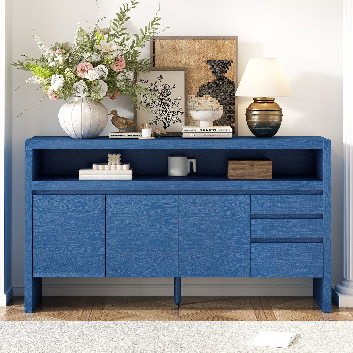 U Style 60 3-Door Sideboard With 3 Drawers Modern Solid Ash Veneer MDF Sideboard Semi- Open Shelf & Center Semi- Circular Cutout In Back Panel Large Storage Cabinet For Living Room  Hallway Dining