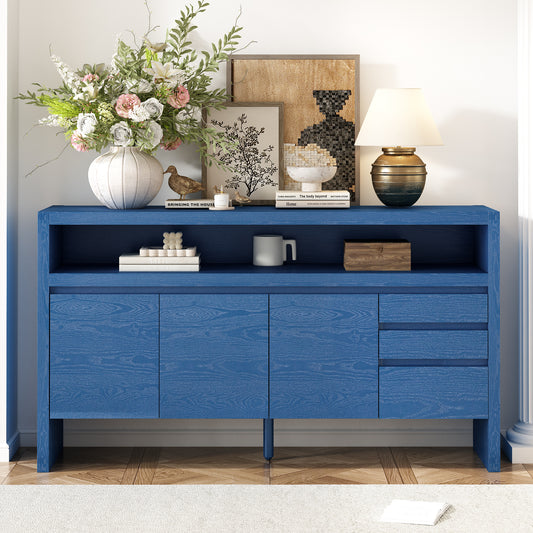 U Style 60 3-Door Sideboard With 3 Drawers Modern Solid Ash Veneer MDF Sideboard Semi- Open Shelf & Center Semi- Circular Cutout In Back Panel Large Storage Cabinet For Living Room  Hallway Dining