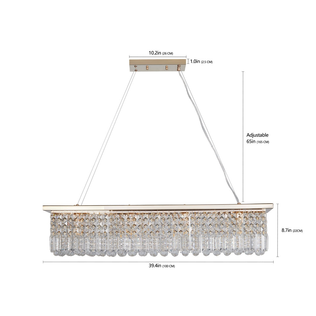 Modern Crystal Chandelier For Dining Room 8-Light Gold Rectangle Raindrop Chandelier Contemporary Rectangular Pendant Light Fixture For Kitchen Island Bar L39.4  X W9.8   X H8.7  Bulb Not Included